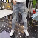 時尚春秋款牛仔褲男潮牌破洞補丁彈力修身小腳個性撞色拼接百搭褲子男-規格圖5