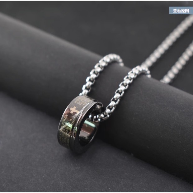 鈦鋼不掉色雙圓環項鏈男女潮街頭嘻哈戒指吊墜百搭簡約配飾毛衣鏈-細節圖4