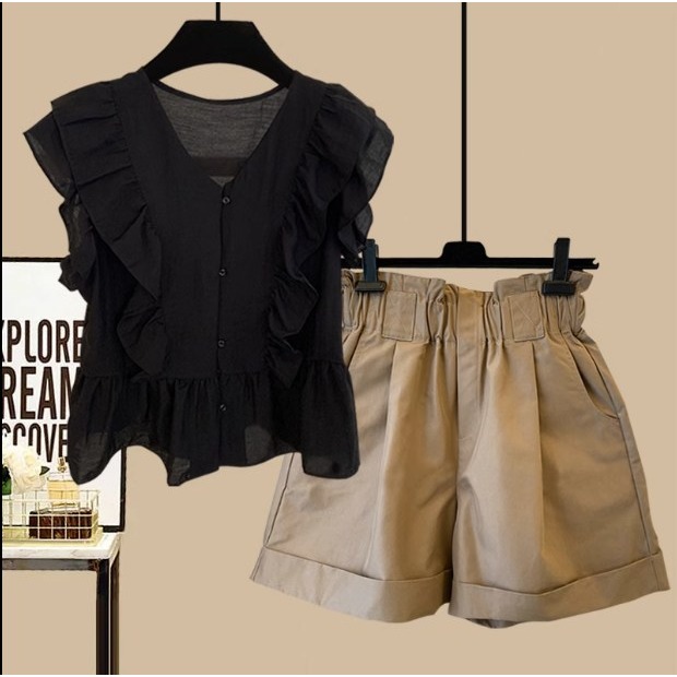 韓劇別致休閒套裝女夏季2023新款白色小個子襯衫牛仔短褲裙兩件套-細節圖2