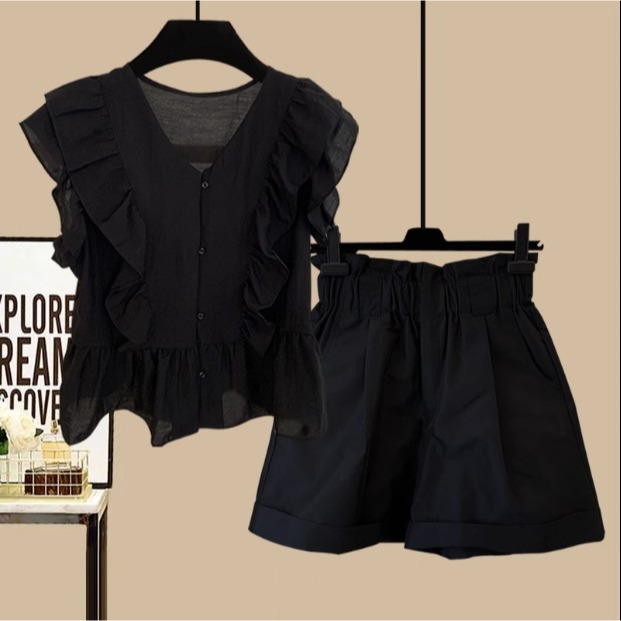 韓劇別致休閒套裝女夏季2023新款白色小個子襯衫牛仔短褲裙兩件套-細節圖3