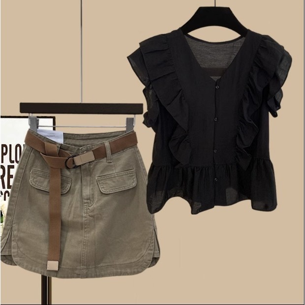 韓劇別致休閒套裝女夏季2023新款白色小個子襯衫牛仔短褲裙兩件套-細節圖4