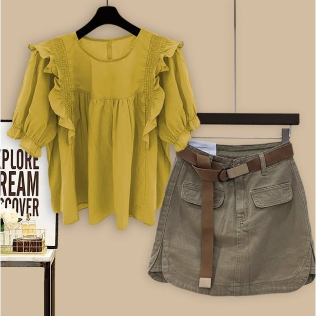 韓劇別致休閒套裝女夏季2023新款白色小個子襯衫牛仔短褲裙兩件套-細節圖5