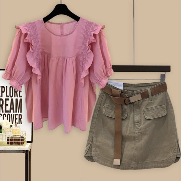 韓劇別致休閒套裝女夏季2023新款白色小個子襯衫牛仔短褲裙兩件套-細節圖6