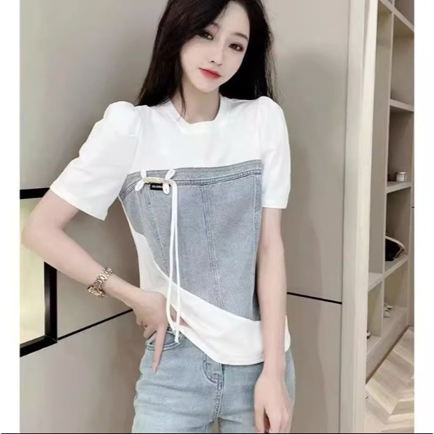 短袖t恤女2023年夏季新款洋氣顯瘦減齡設計感牛仔拼接上衣時尚潮-細節圖2