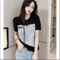 短袖t恤女2023年夏季新款洋氣顯瘦減齡設計感牛仔拼接上衣時尚潮-規格圖2