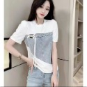 短袖t恤女2023年夏季新款洋氣顯瘦減齡設計感牛仔拼接上衣時尚潮-規格圖2