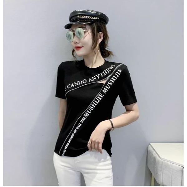 2023夏裝新款時尚拉鏈T恤女短袖設計感鏤空上衣洋氣修身半袖丅恤-細節圖2