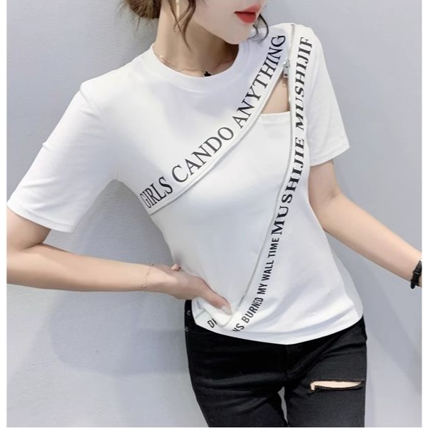 2023夏裝新款時尚拉鏈T恤女短袖設計感鏤空上衣洋氣修身半袖丅恤-細節圖3