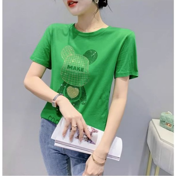 2023夏季新款歐貨重工燙鑽t恤女寬鬆百搭網紅卡通小熊短袖上衣潮-細節圖2