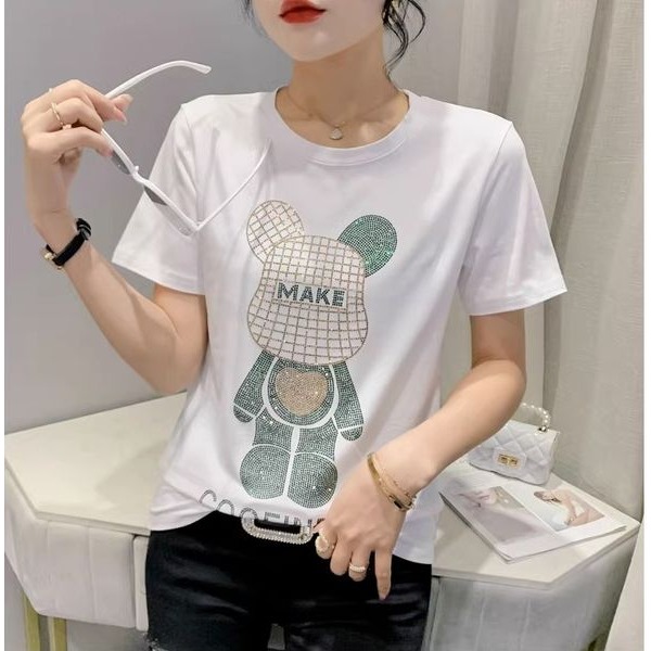 2023夏季新款歐貨重工燙鑽t恤女寬鬆百搭網紅卡通小熊短袖上衣潮-細節圖3