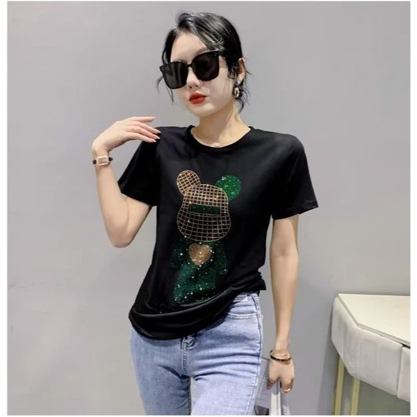 2023夏季新款歐貨重工燙鑽t恤女寬鬆百搭網紅卡通小熊短袖上衣潮-細節圖4
