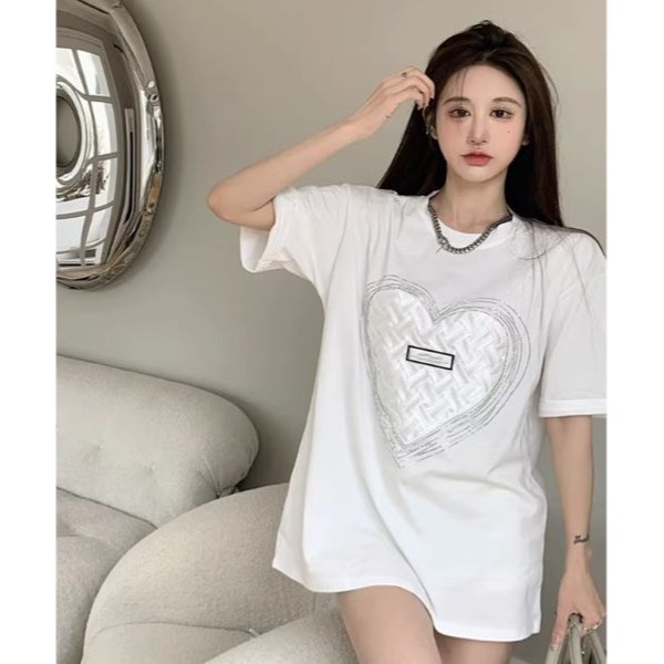 愛心燙鑽純棉短袖t恤女ins潮2023夏季新款寬鬆設計感小眾半袖上衣-細節圖2