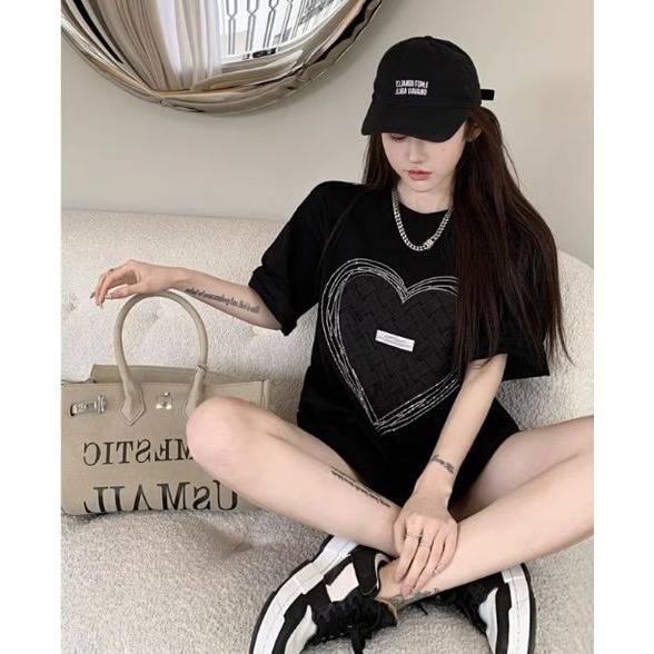 愛心燙鑽純棉短袖t恤女ins潮2023夏季新款寬鬆設計感小眾半袖上衣-細節圖3