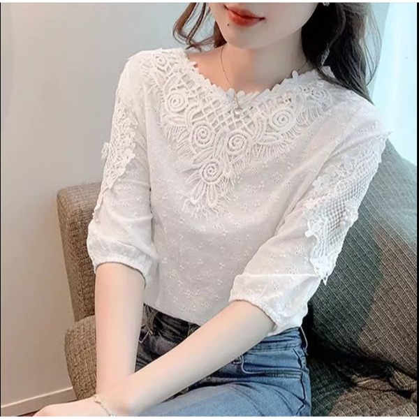 夏季短袖雪紡襯衫女裝夏裝2023新款勾花蕾絲百搭娃娃衫上衣設計感-細節圖4
