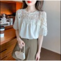 夏季短袖雪紡襯衫女裝夏裝2023新款勾花蕾絲百搭娃娃衫上衣設計感-規格圖4