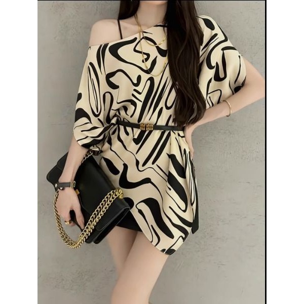 港式黑白條紋氣質寬鬆不規則襯衣2023夏季御姐風減齡T恤女上衣潮-細節圖2