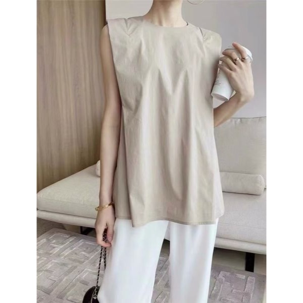 夏季韓版簡約系扣棉錦無袖繭型襯衫女上衣設計感寬鬆百搭背心小衫-細節圖2