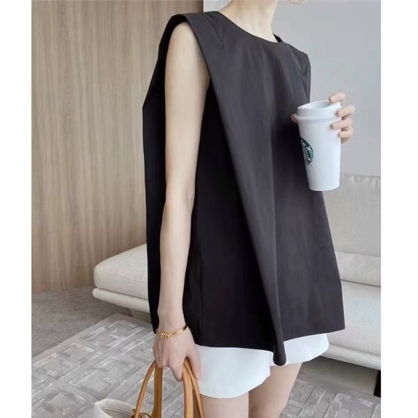 夏季韓版簡約系扣棉錦無袖繭型襯衫女上衣設計感寬鬆百搭背心小衫-細節圖3