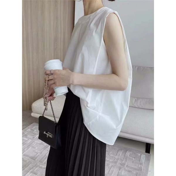 夏季韓版簡約系扣棉錦無袖繭型襯衫女上衣設計感寬鬆百搭背心小衫-細節圖4