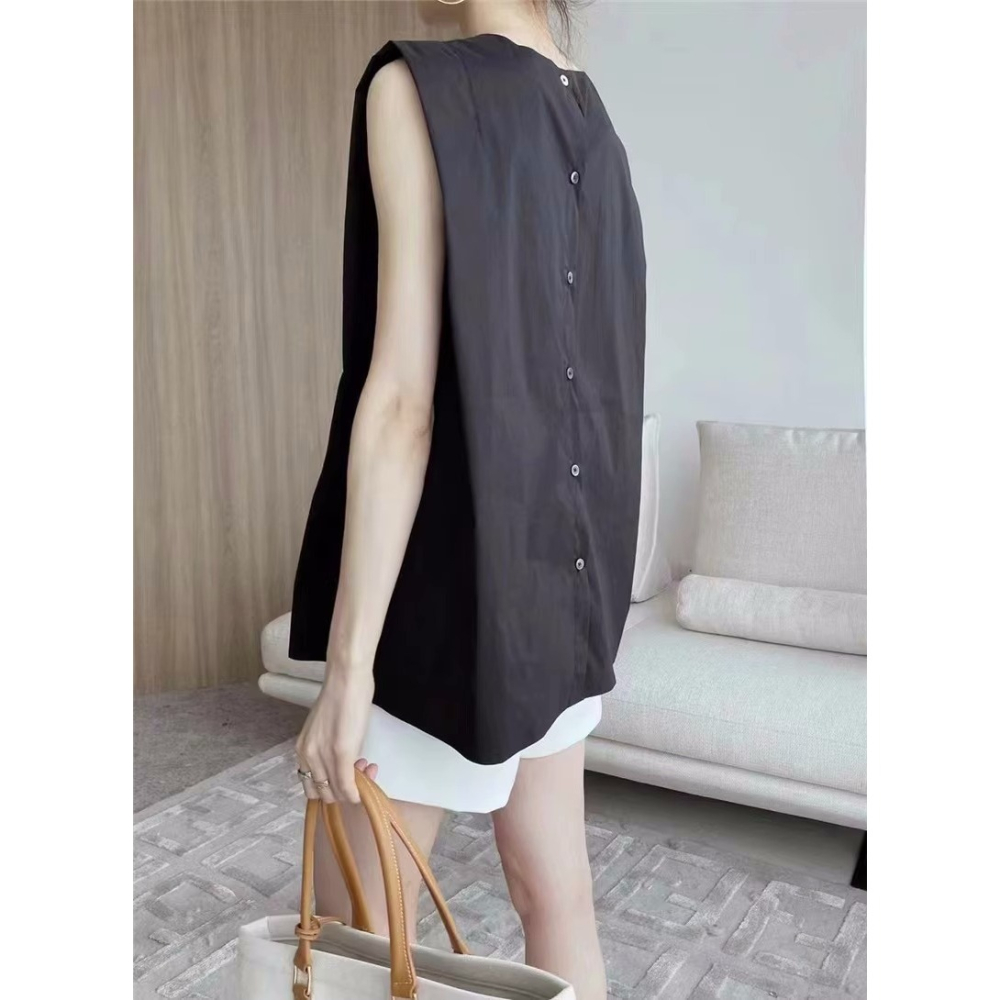 夏季韓版簡約系扣棉錦無袖繭型襯衫女上衣設計感寬鬆百搭背心小衫-細節圖5