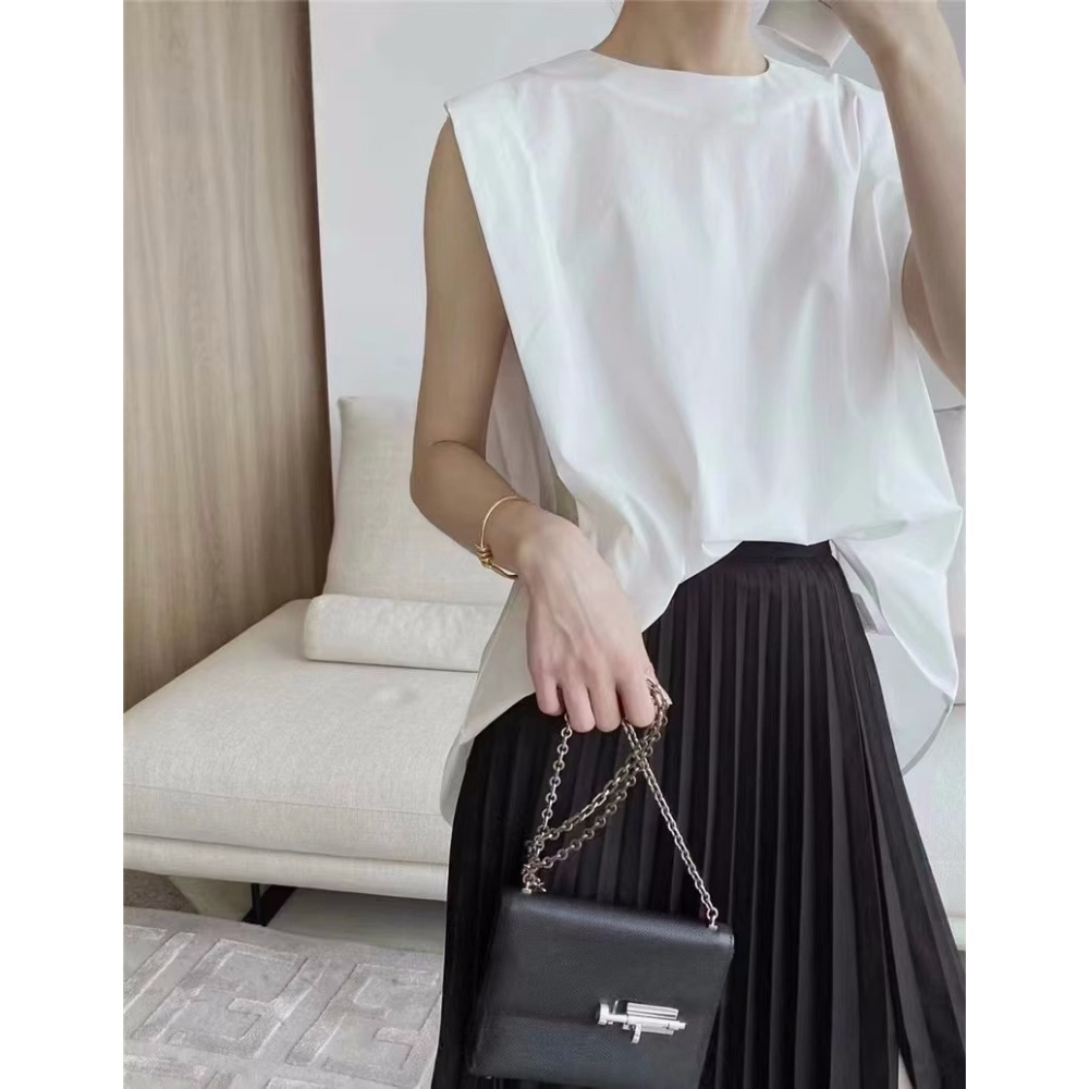 夏季韓版簡約系扣棉錦無袖繭型襯衫女上衣設計感寬鬆百搭背心小衫-細節圖6