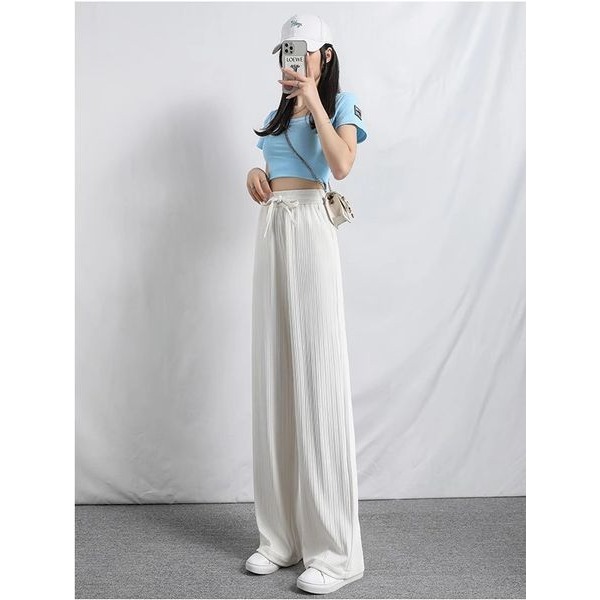 大碼冰絲闊腿褲女夏季薄款女褲寬鬆直筒高腰垂感百搭休閒褲子-細節圖2