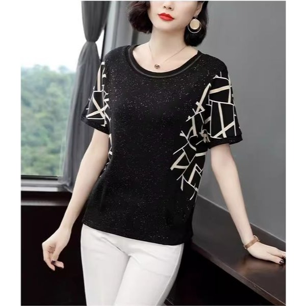 短袖女2023夏季新款拼接打底衫寬松大碼時尚中年媽媽裝顯年輕T恤-細節圖2