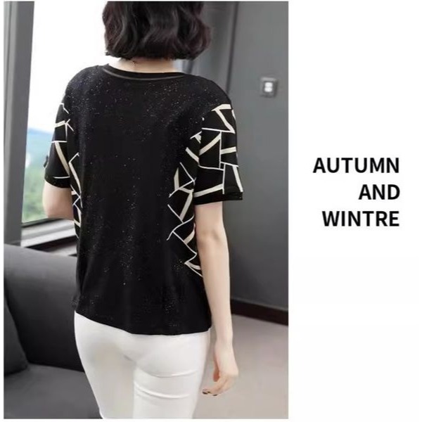 短袖女2023夏季新款拼接打底衫寬松大碼時尚中年媽媽裝顯年輕T恤-細節圖3