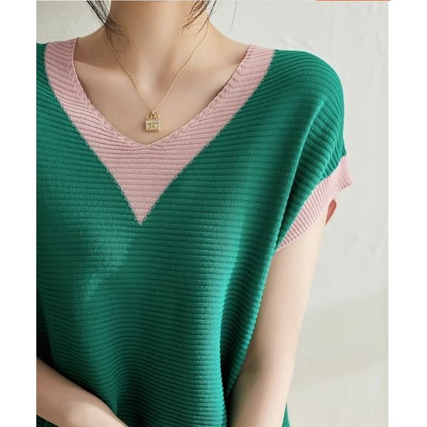 夏季短袖T恤女V領寬鬆冰絲針織衫胖妹妹上衣2023韓版減齡顯瘦女裝-細節圖4