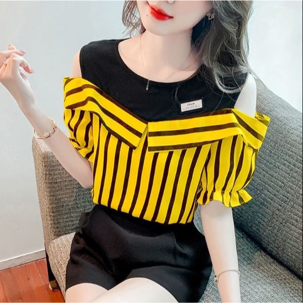 大碼法式氣質露肩新款條紋假兩件襯衫女夏設計感小眾別致短袖上衣-細節圖3