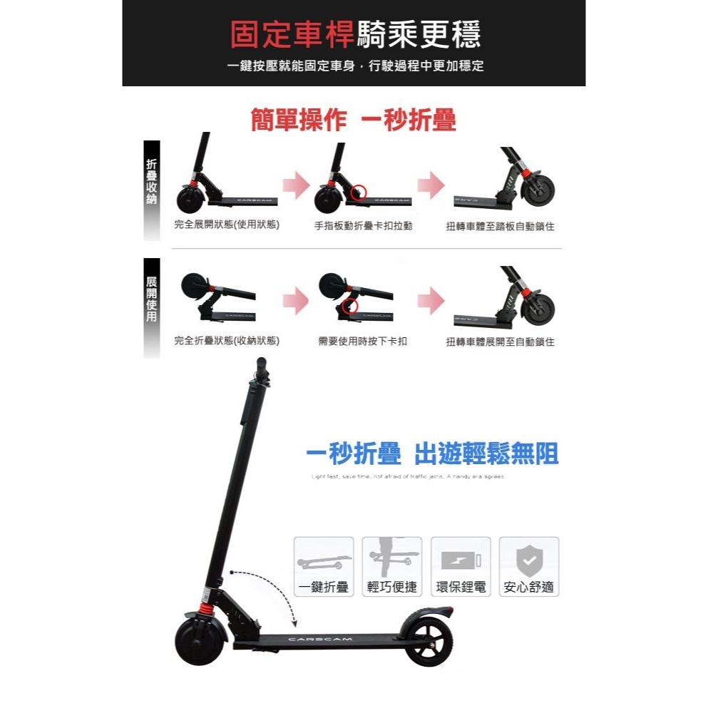 CARSCAM S6  6.5吋  LED大燈鋁合金智能折疊電動滑板車-細節圖4