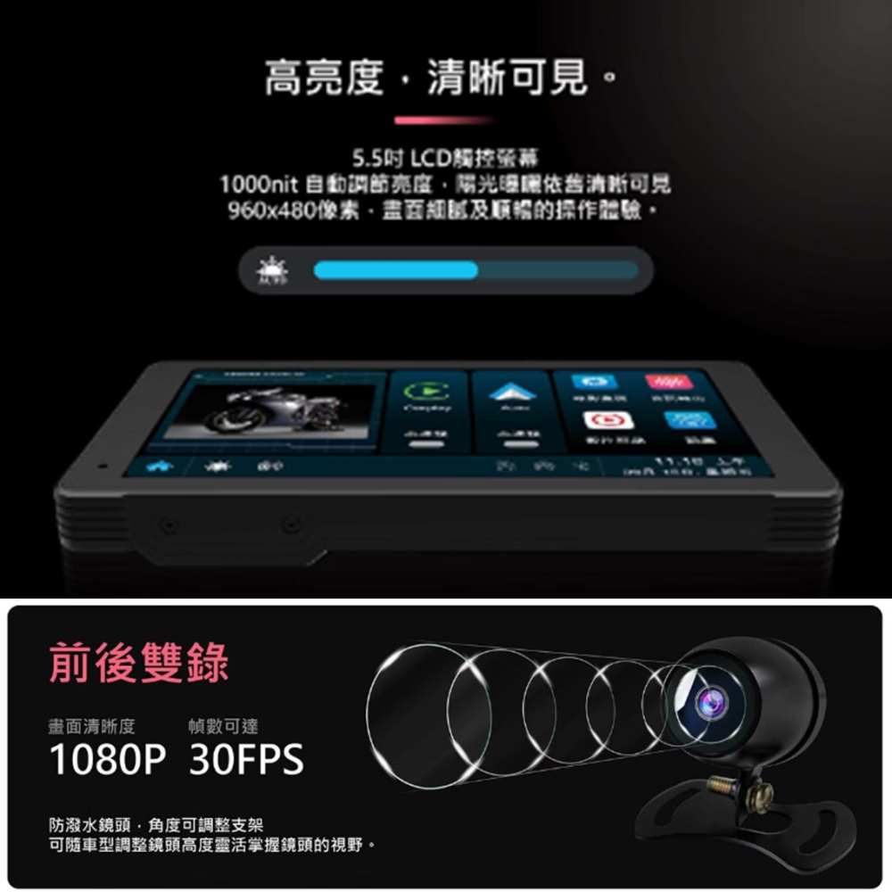 DS馭速動能-BK1 摩托車 CarPlay 雙鏡頭 行車紀錄器 1080P 防水IP66 機車用 贈32G記憶卡-細節圖3