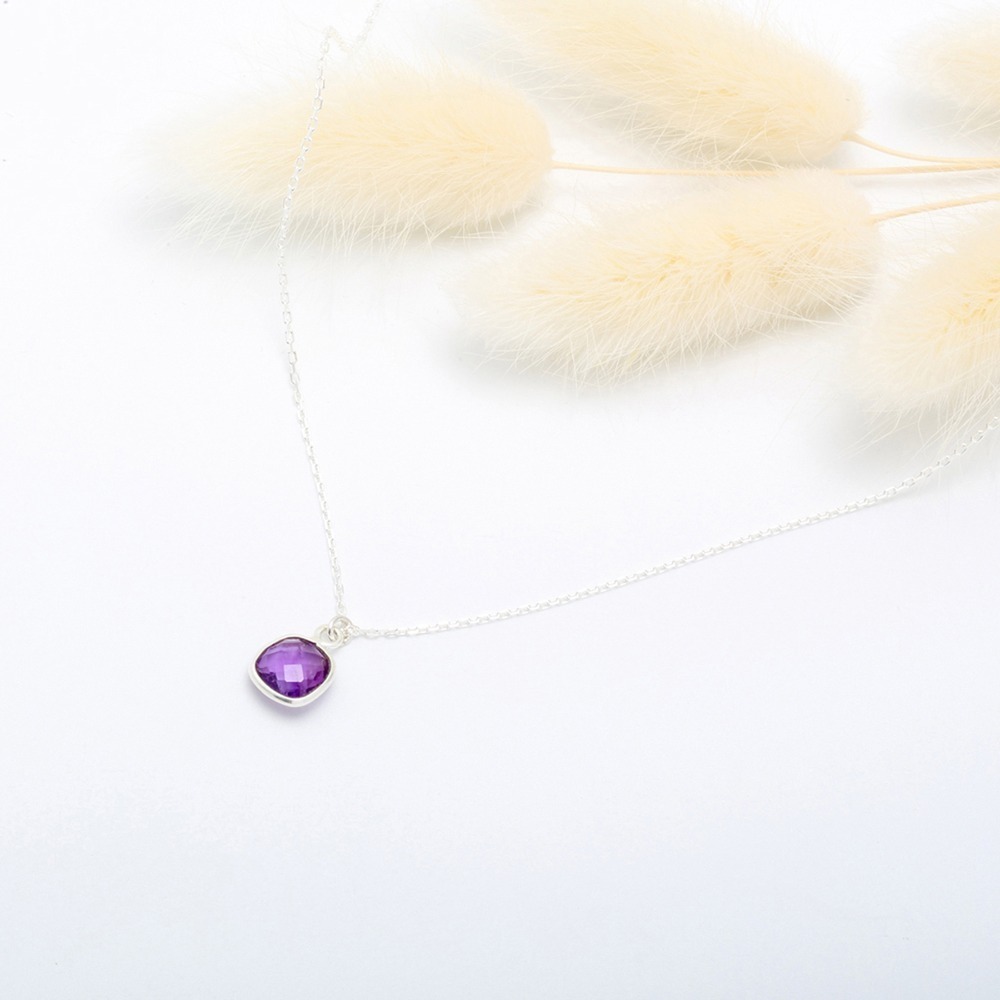 【Angel & Me】簡約 方形 天然 紫水晶 s925 純銀 項鍊 生日 禮物-細節圖2