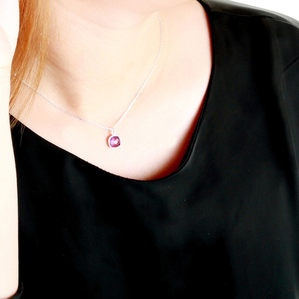 【Angel & Me】簡約 方形 天然 紫水晶 s925 純銀 項鍊 生日 禮物-細節圖4