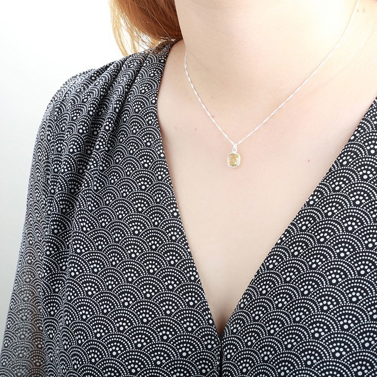 【Angel & Me】氣質 檸檬黃水晶 方形 s925 純銀 項鍊 生日 禮物-細節圖4