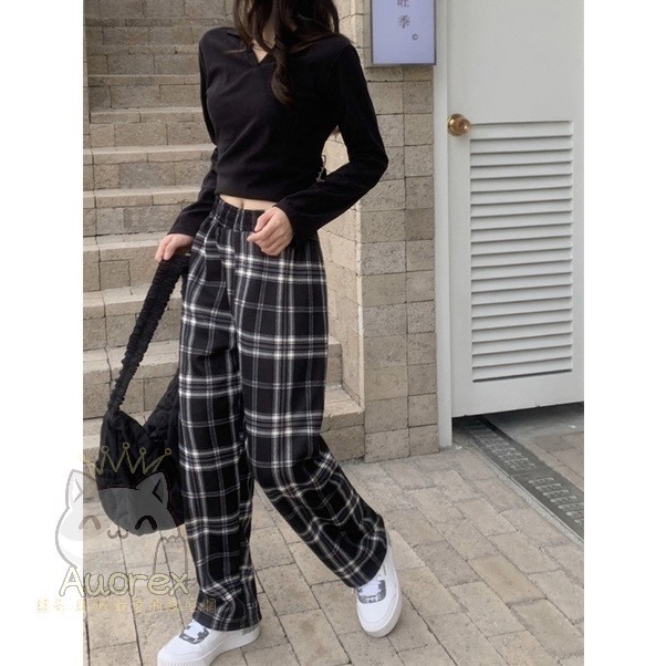 秋冬褲 格子褲 學生褲 高腰褲 寬松褲 直筒褲 格子 加絨褲 加厚 保暖 休閒褲 闊腿褲 百搭 薄款 夏季款-細節圖6