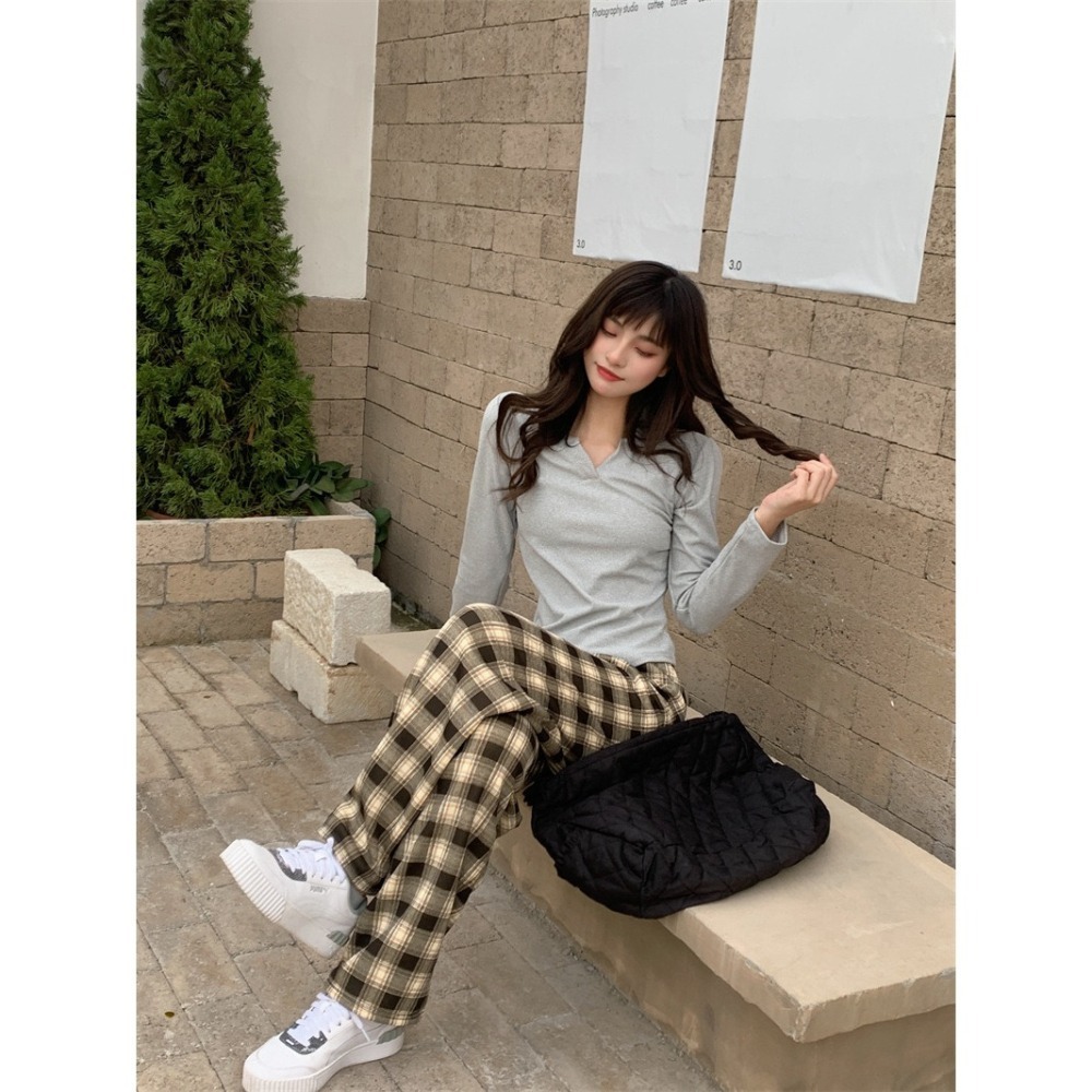 秋冬褲 格子褲 學生褲 高腰褲 寬松褲 直筒褲 格子 加絨褲 加厚 保暖 休閒褲 闊腿褲 百搭 薄款 夏季款-細節圖8