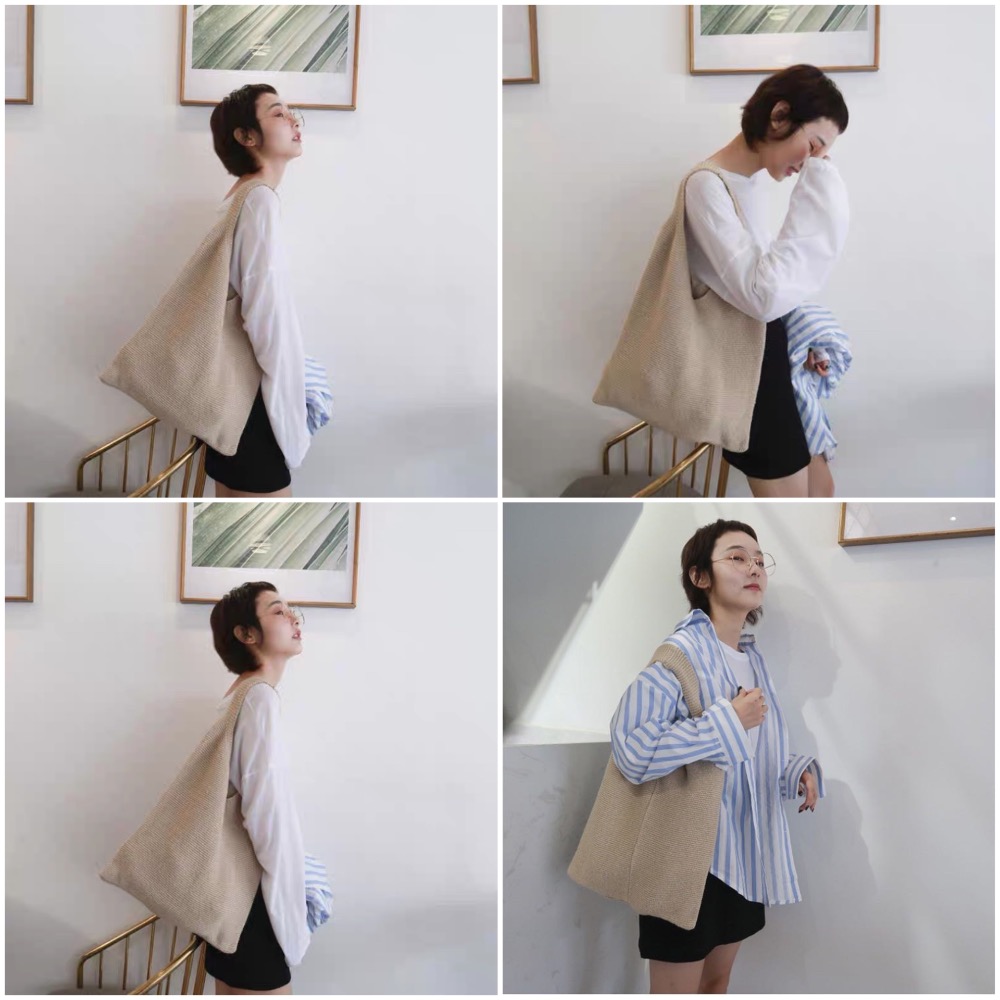 韓國ins 復古 針織手提袋 文青 輕便 托特包 編織包 手提包 側背包 小包 毛線包 托特包 手提包 簡約 氣質 時尚-細節圖3