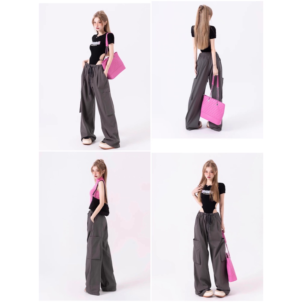 工裝褲 好面料 多巴胺 甜酷 抽繩 寬鬆褲子 粉色工裝褲 工裝褲 長褲 闊腿褲 女裝 LISA BLACKPINK-細節圖2