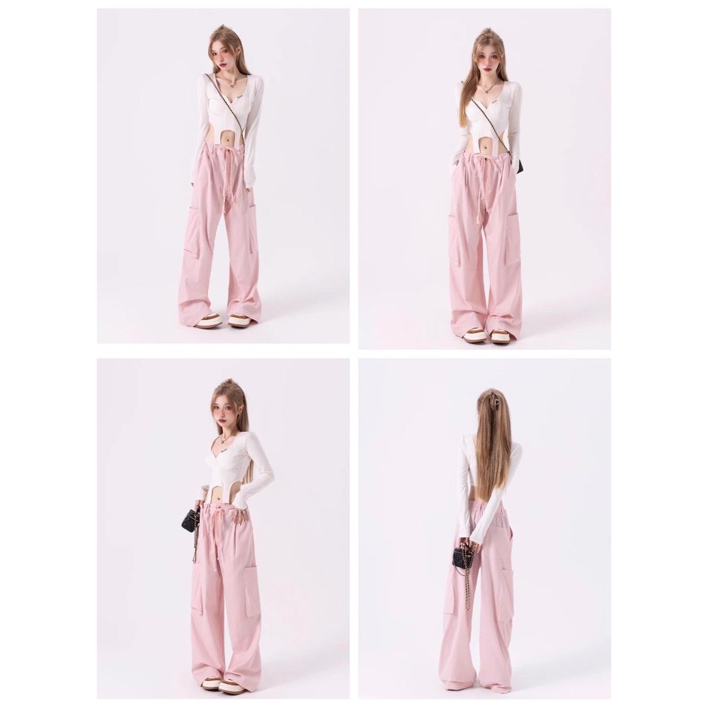 工裝褲 好面料 多巴胺 甜酷 抽繩 寬鬆褲子 粉色工裝褲 工裝褲 長褲 闊腿褲 女裝 LISA BLACKPINK-細節圖3