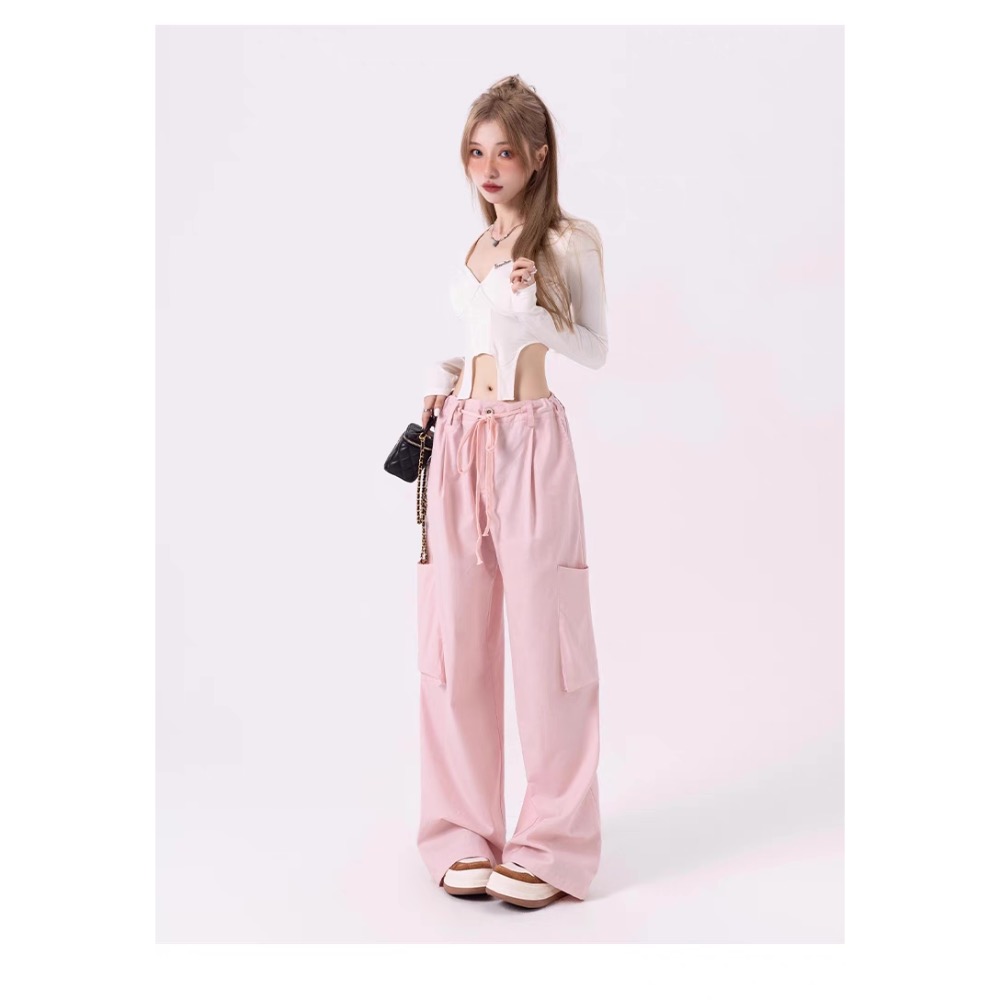 工裝褲 好面料 多巴胺 甜酷 抽繩 寬鬆褲子 粉色工裝褲 工裝褲 長褲 闊腿褲 女裝 LISA BLACKPINK-細節圖6