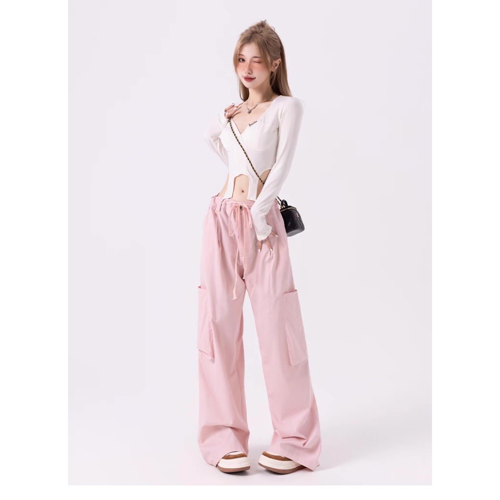 工裝褲 好面料 多巴胺 甜酷 抽繩 寬鬆褲子 粉色工裝褲 工裝褲 長褲 闊腿褲 女裝 LISA BLACKPINK-細節圖7