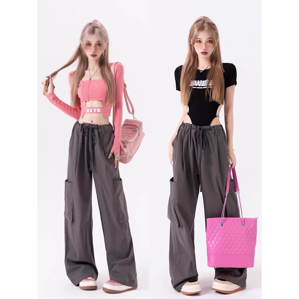 工裝褲 好面料 多巴胺 甜酷 抽繩 寬鬆褲子 粉色工裝褲 工裝褲 長褲 闊腿褲 女裝 LISA BLACKPINK-細節圖9
