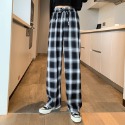 韓版 格子褲 格紋褲 百搭款 休閒長褲 直筒褲 女生褲子 黑格紋 寬褲 高腰顯腿長 顯瘦 格紋長褲 加絨 內刷毛 秋冬褲-規格圖1