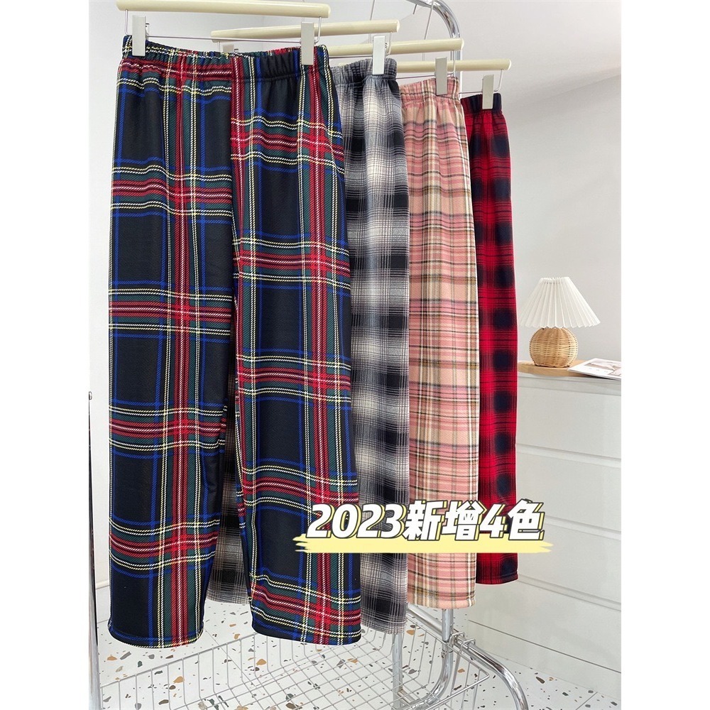 2024 新四色 秋冬褲 格子褲 學生褲 高腰褲 寬松褲 直筒褲 格子 加絨褲 加厚 保暖 休閒褲 闊腿褲 百搭-細節圖2