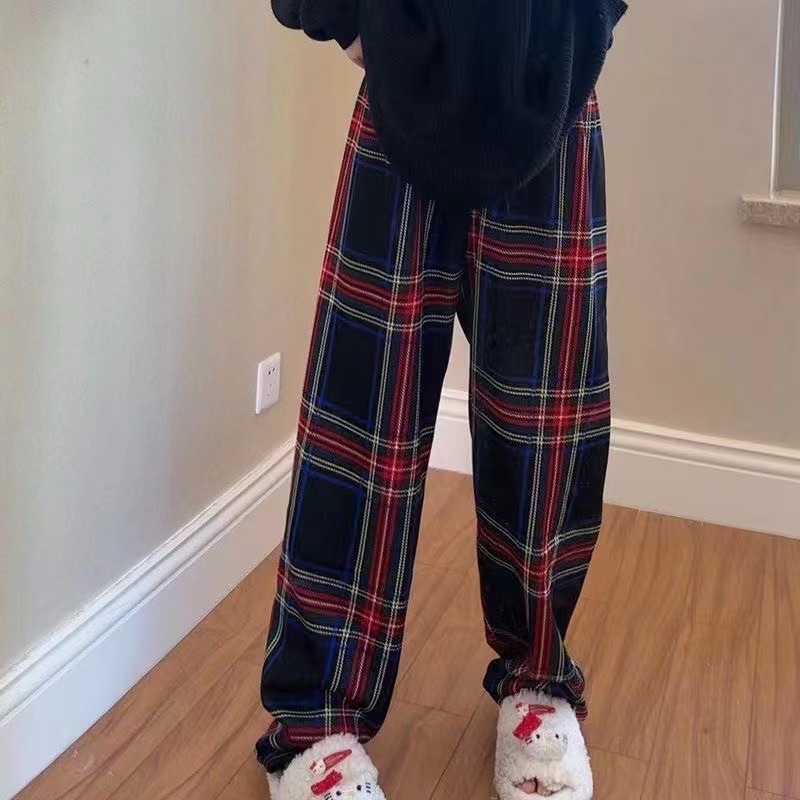 2024 新四色 秋冬褲 格子褲 學生褲 高腰褲 寬松褲 直筒褲 格子 加絨褲 加厚 保暖 休閒褲 闊腿褲 百搭-細節圖4