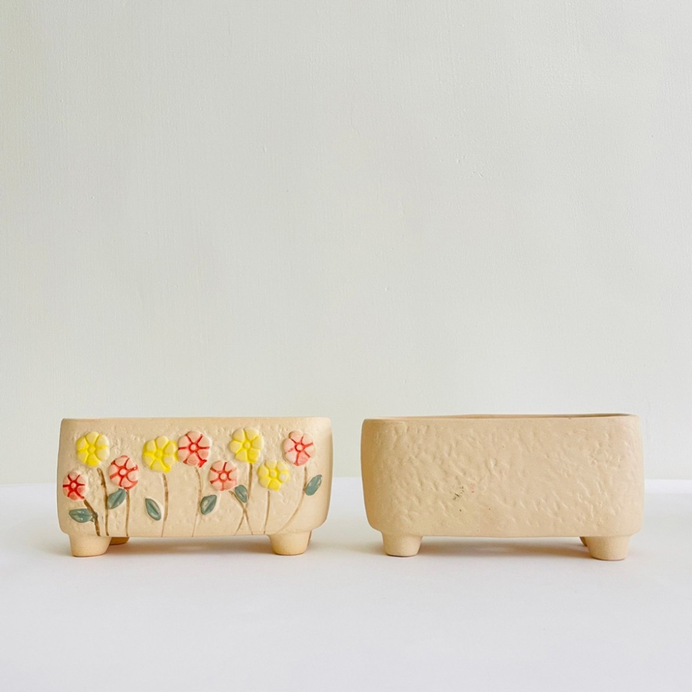 花盆王 知雨若泥 多肉盆栽長盆•花盆組盆•園藝花園造景•陽台植栽•台灣現貨•辦公室小物•鄉村風素燒花朵小長方盆-細節圖2