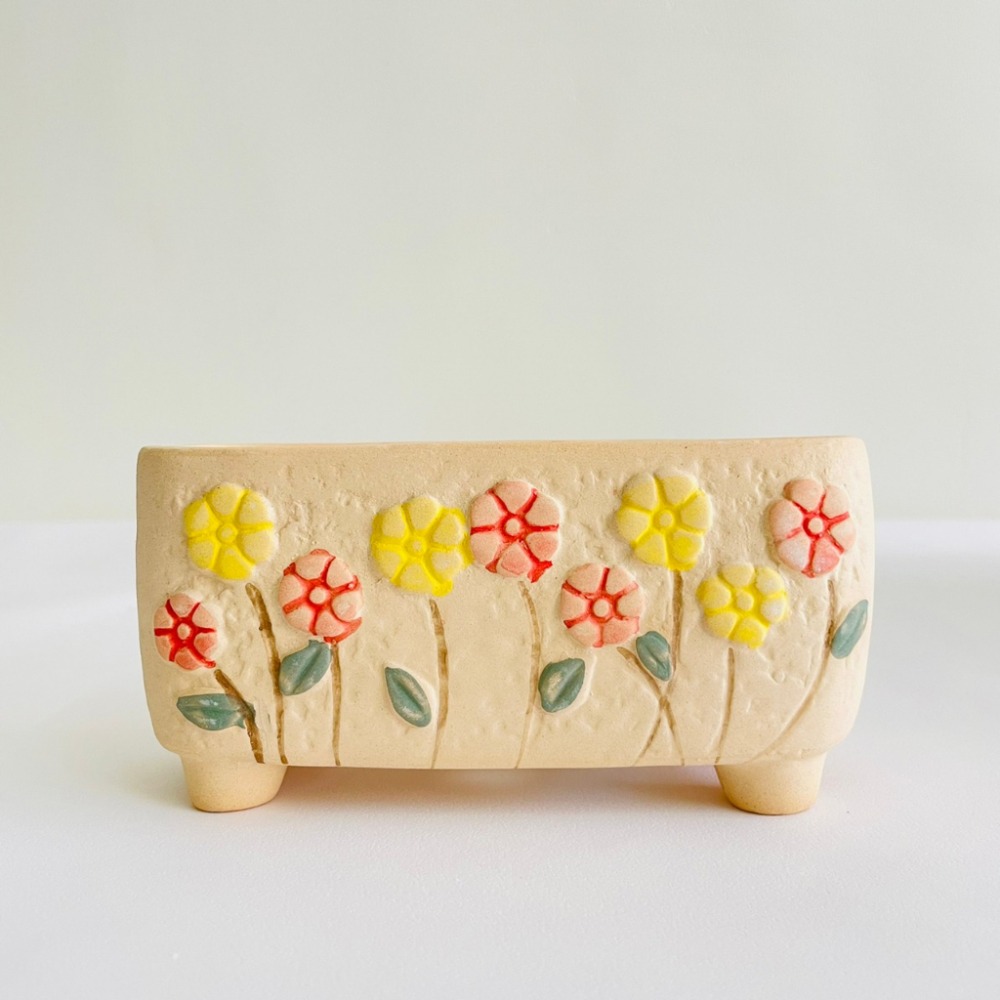 花盆王 知雨若泥 多肉盆栽長盆•花盆組盆•園藝花園造景•陽台植栽•台灣現貨•辦公室小物•鄉村風素燒花朵小長方盆-細節圖3