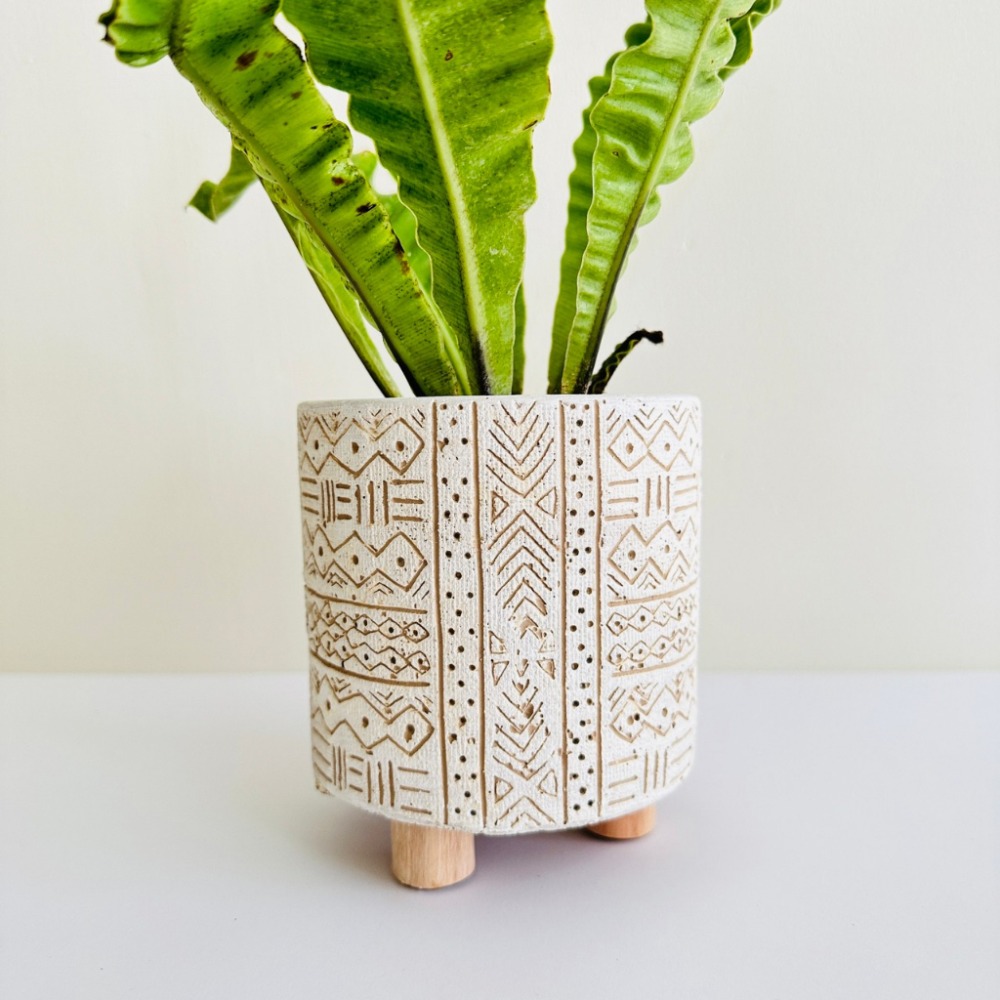 花盆王 知雨若泥 北歐居家生活3吋盆栽•空氣鳳梨花盆•乾燥花園藝造景聖誕裝飾•台灣出貨•白色上古圖騰 木腳水泥盆-細節圖3