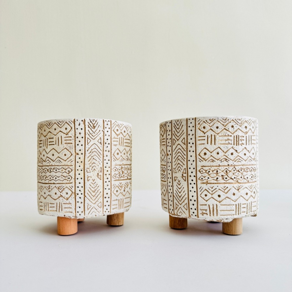 花盆王 知雨若泥 北歐居家生活3吋盆栽•空氣鳳梨花盆•乾燥花園藝造景聖誕裝飾•台灣出貨•白色上古圖騰 木腳水泥盆-細節圖5